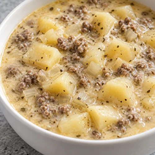 Creamy potato and hamburger soup with tender potato cubes and ground beef in a bowl.