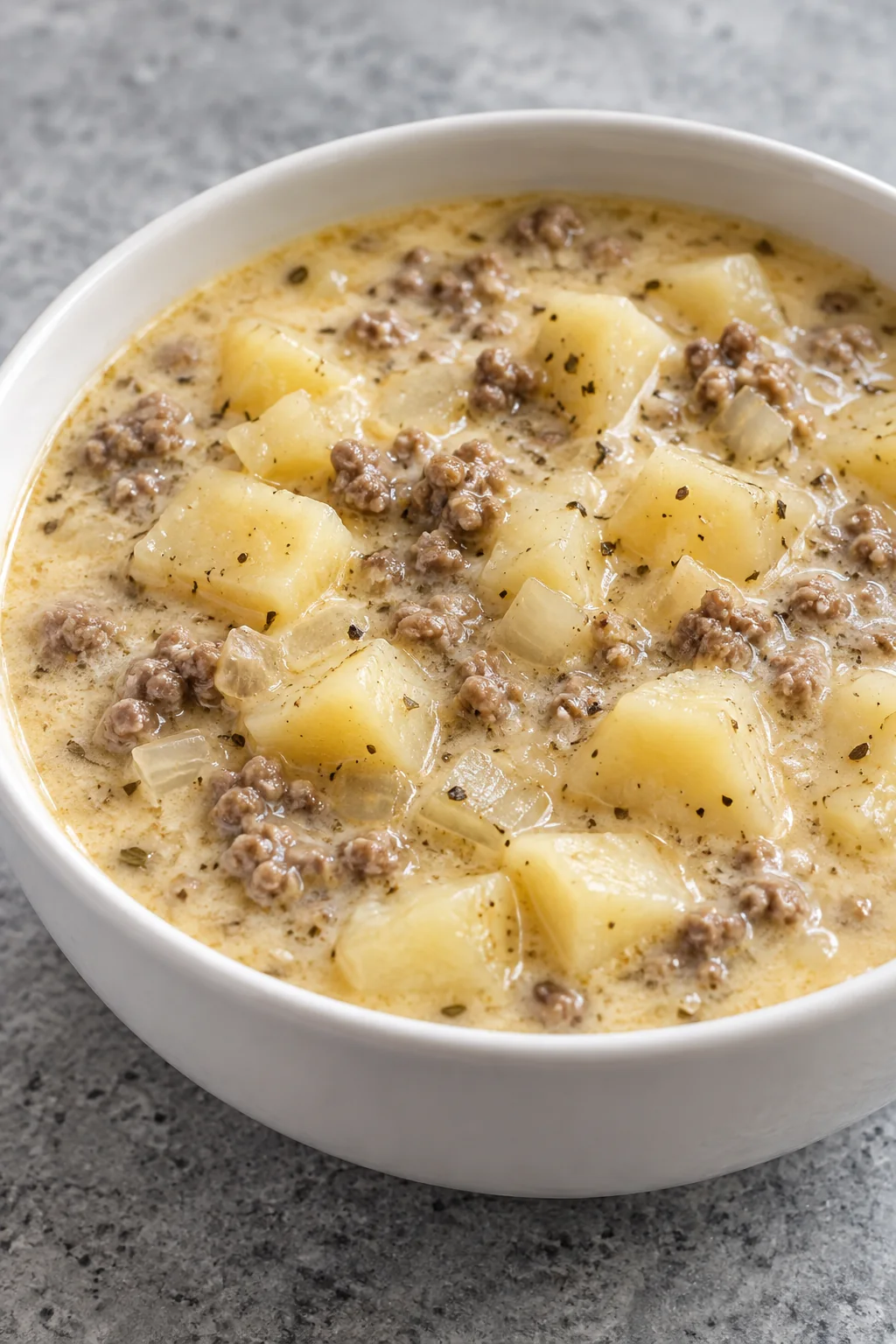 Creamy potato and hamburger soup with tender potato cubes and ground beef in a bowl.