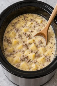 Milk stirred into the hot potato and hamburger soup before adding cheddar.