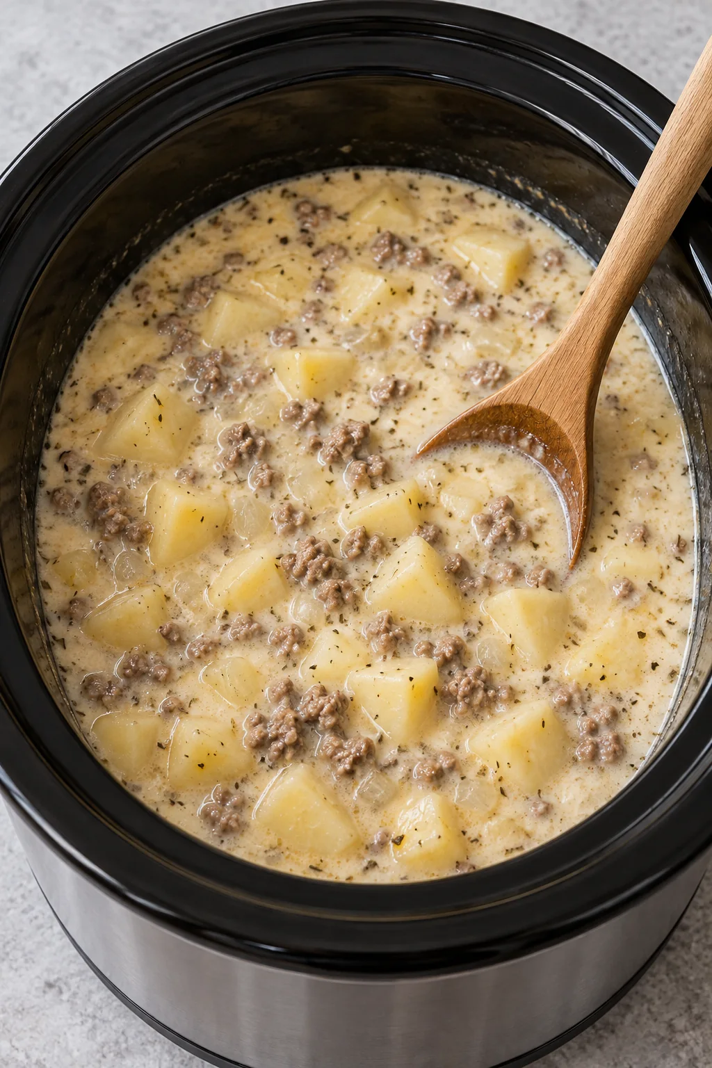 Milk stirred into the hot potato and hamburger soup before adding cheddar.