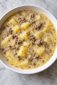 A bowl of creamy potato and hamburger soup viewed from above.