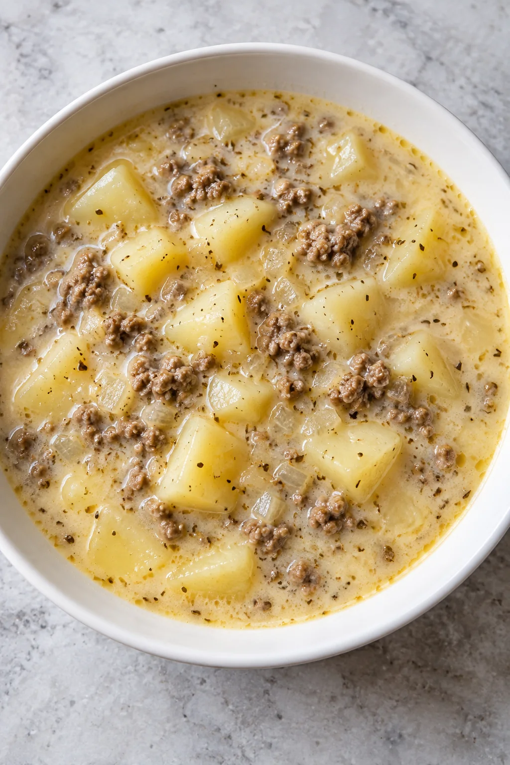 A bowl of creamy potato and hamburger soup viewed from above.