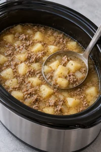 Tender potato cubes and browned beef after slow cooking in the broth.