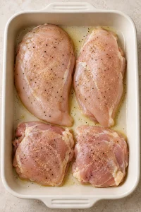 Chicken breasts and thighs coated with oil and simple seasonings in a baking dish