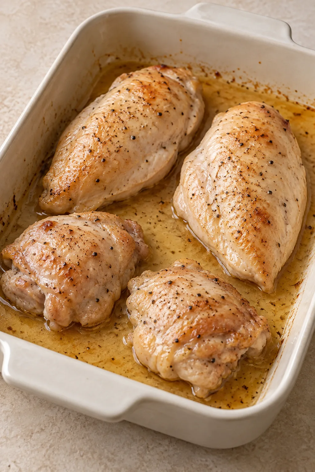 Cooked chicken breasts and thighs resting in a baking dish with a little cooking juice