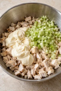 Diced cooked chicken topped with finely chopped celery and mayonnaise in a mixing bowl