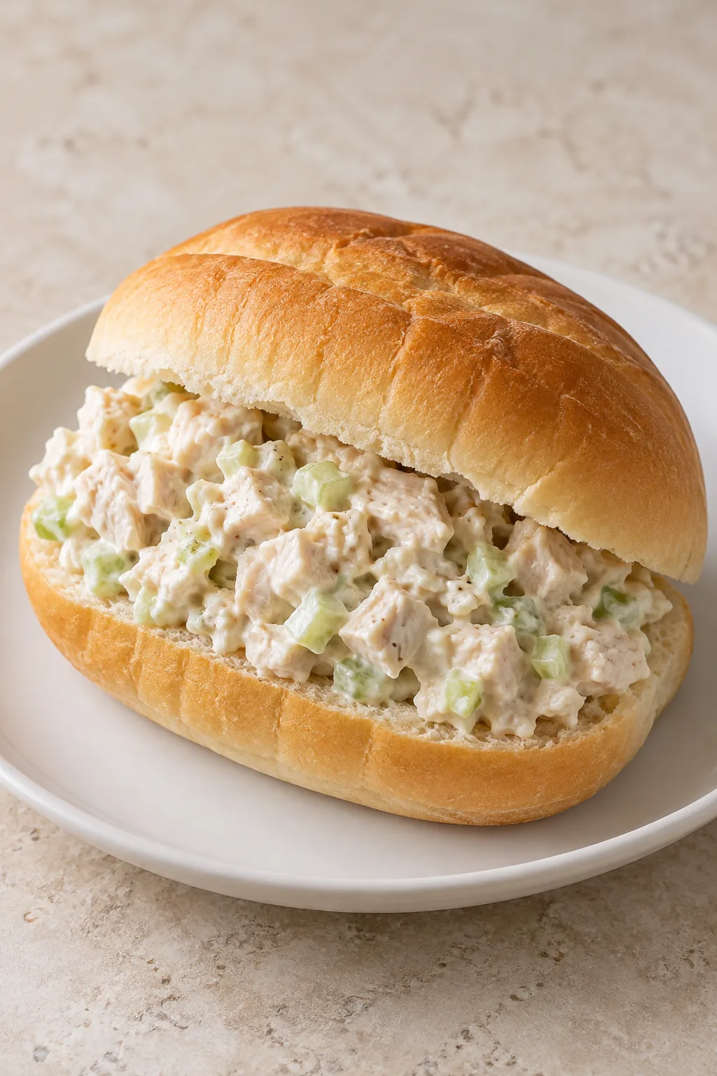 An uncut bread roll filled with creamy chicken and celery salad on a white plate