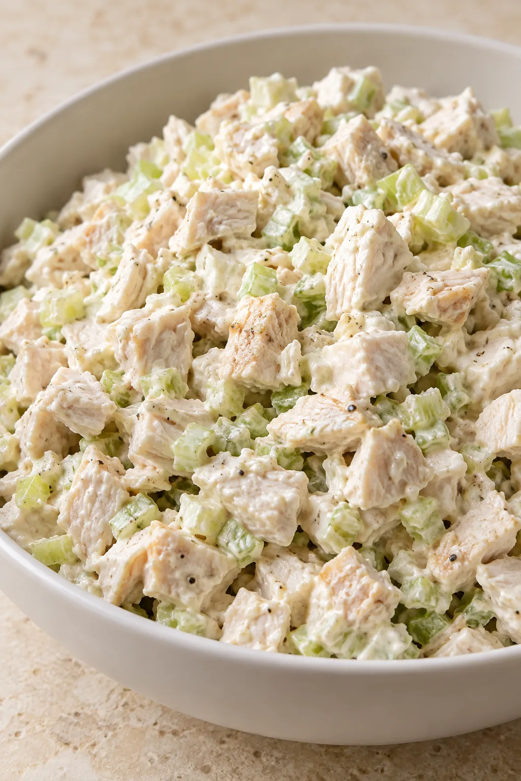 Close view of small chicken pieces and celery in a creamy mayonnaise dressing