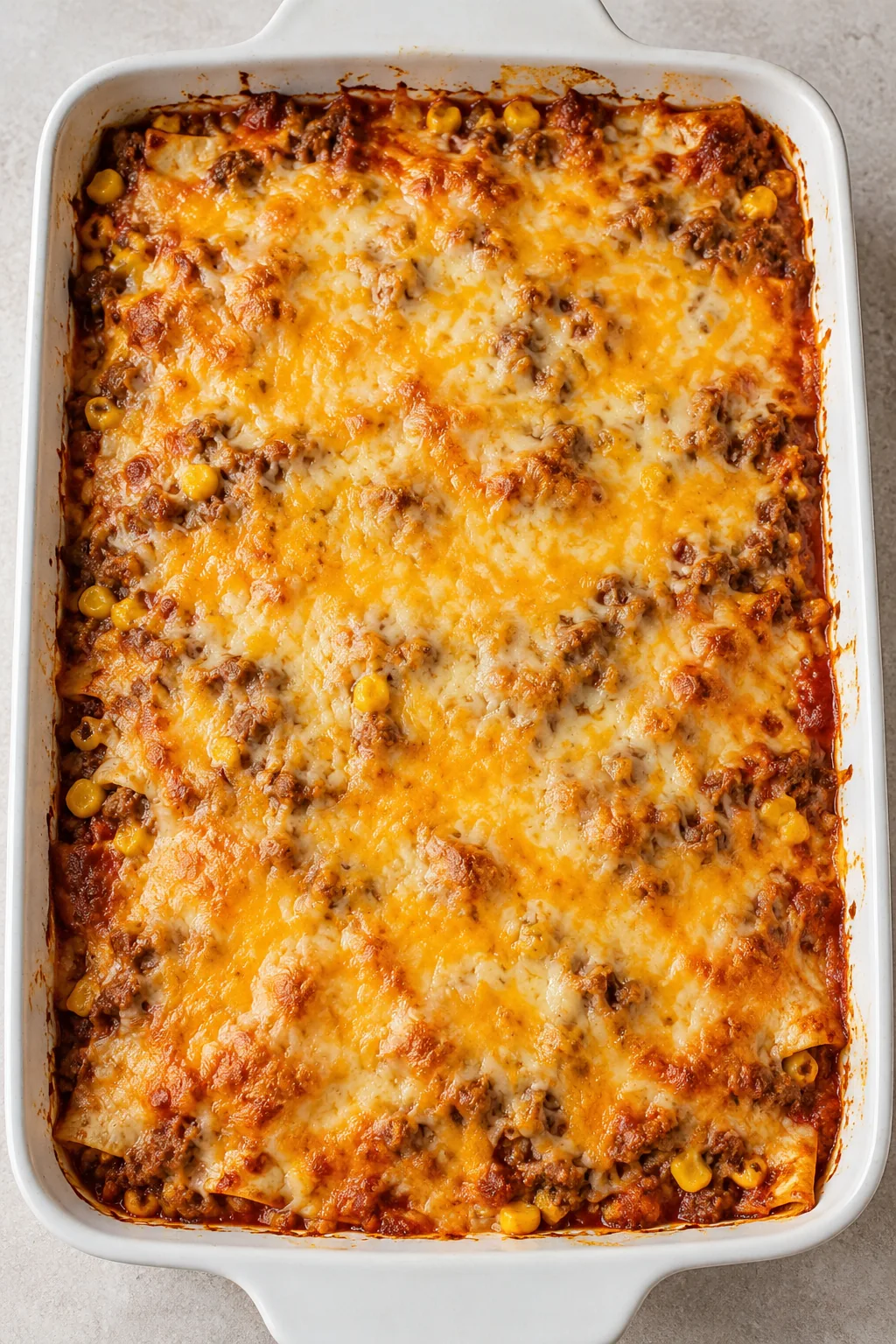 Overhead view of burrito casserole after baking with melted cheese and browned spots