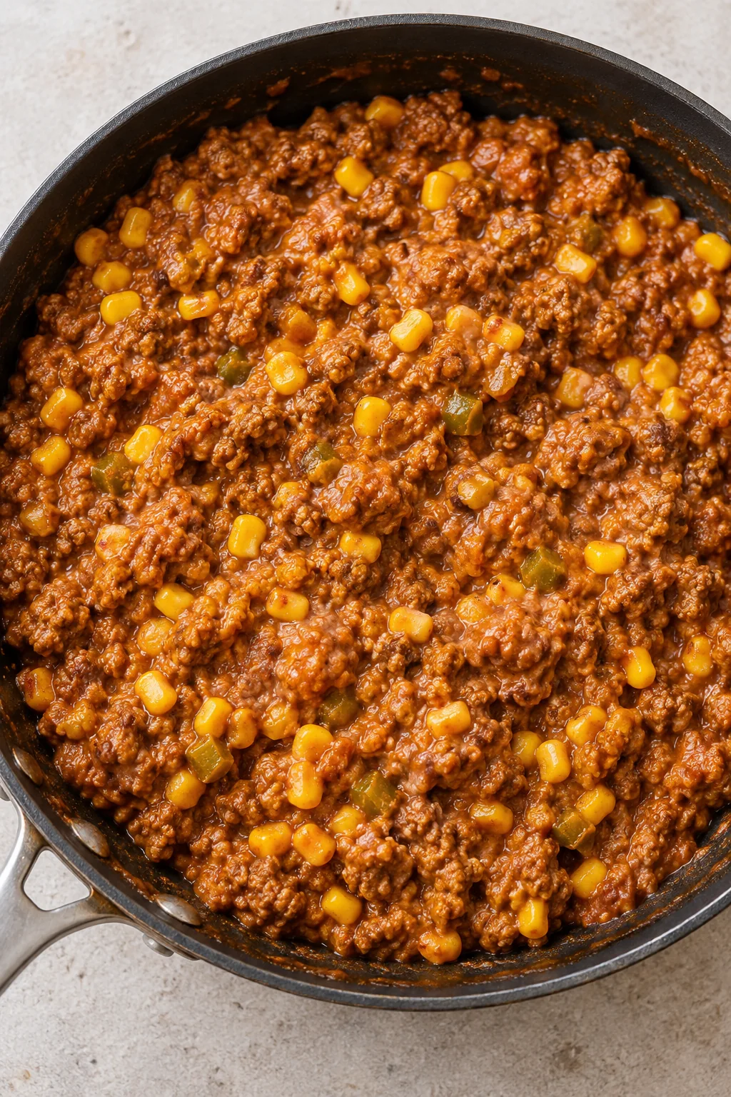 Seasoned beef filling with refried beans, corn, green chiles, and enchilada sauce mixed together