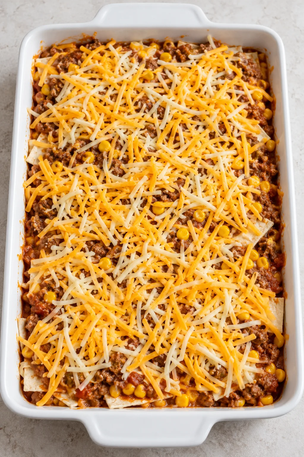 Assembled burrito casserole covered with shredded taco-blend cheese before baking