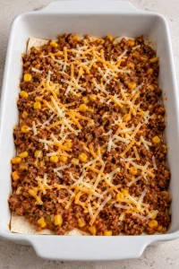 First burrito casserole layer topped with beef and bean filling and shredded cheese