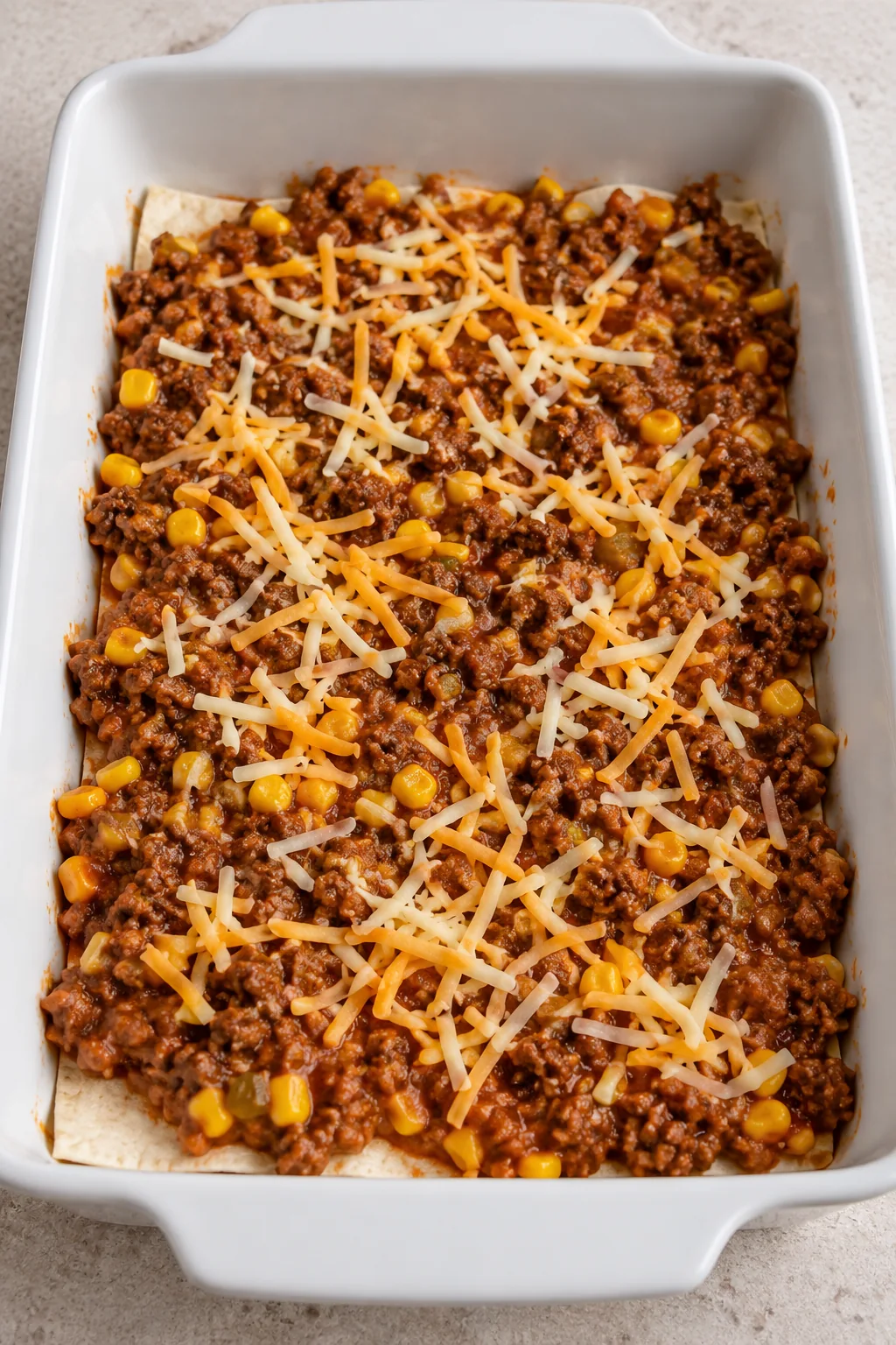 First burrito casserole layer topped with beef and bean filling and shredded cheese