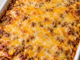 Whole baked ground beef burrito casserole with golden melted cheese in a white baking dish