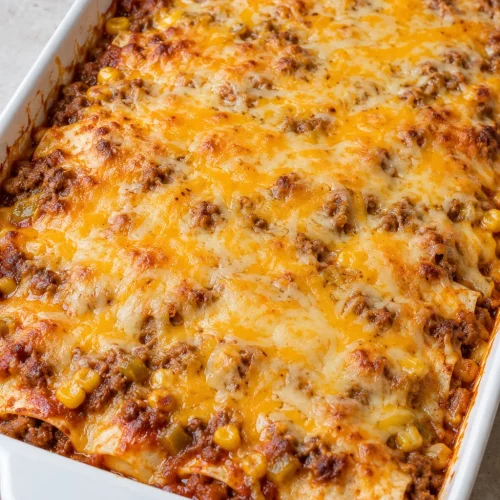 Whole baked ground beef burrito casserole with golden melted cheese in a white baking dish