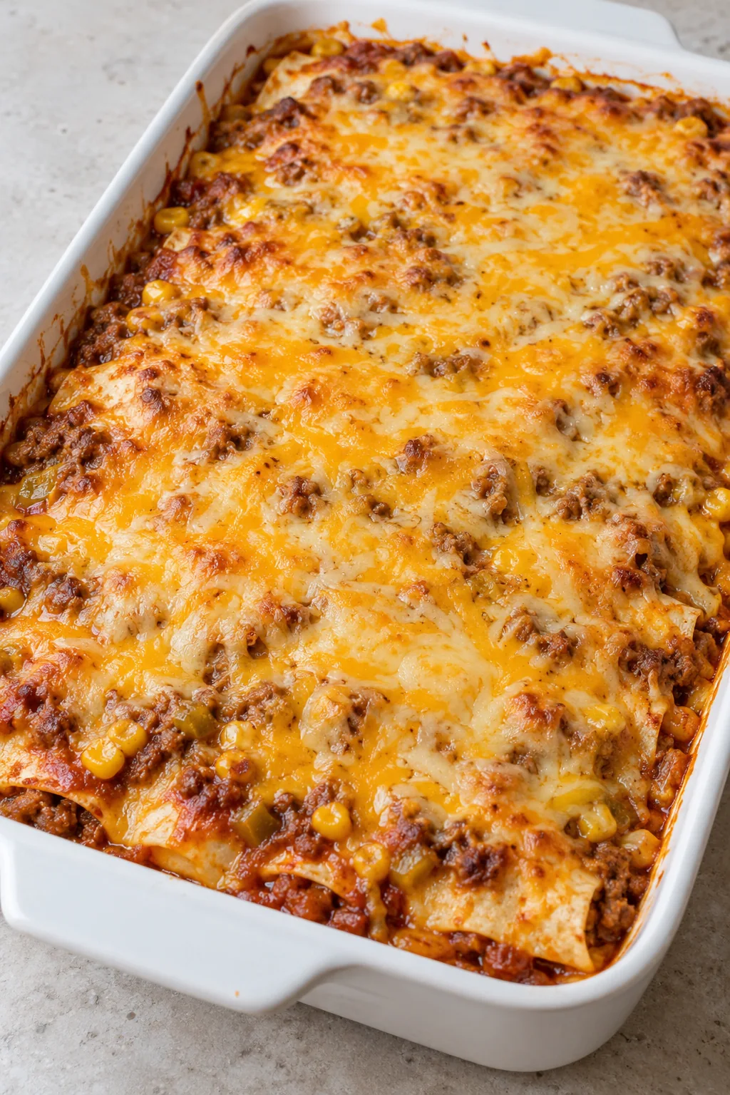 Whole baked ground beef burrito casserole with golden melted cheese in a white baking dish