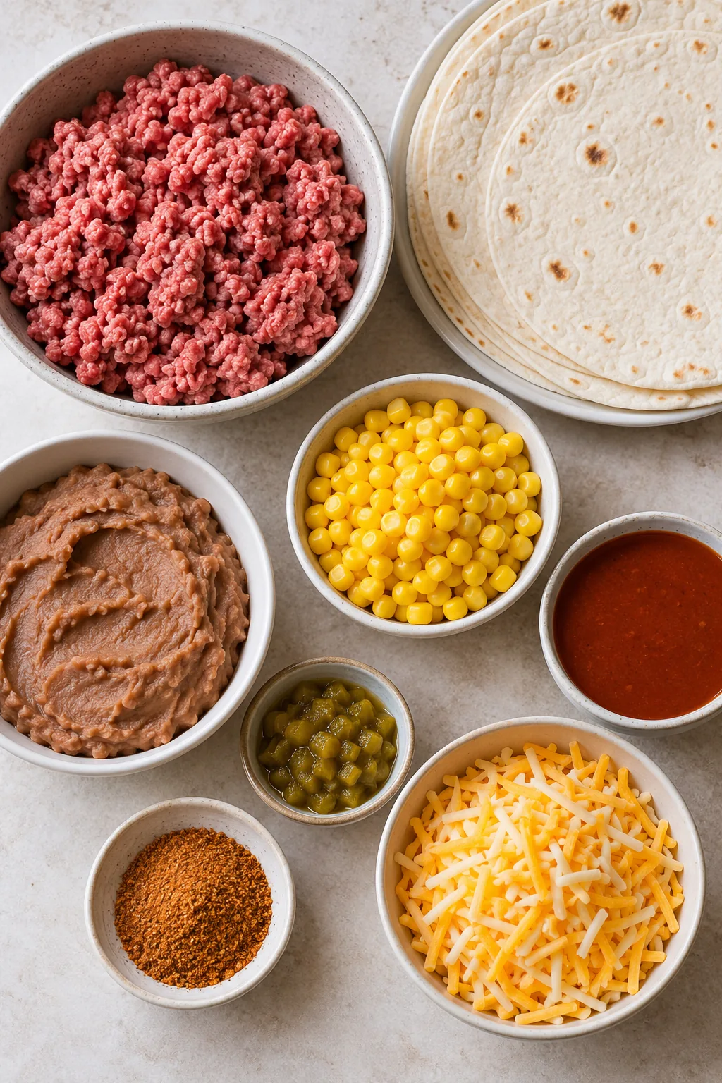 Ground beef, flour tortillas, refried beans, corn, enchilada sauce, green chiles, taco seasoning, and shredded cheese