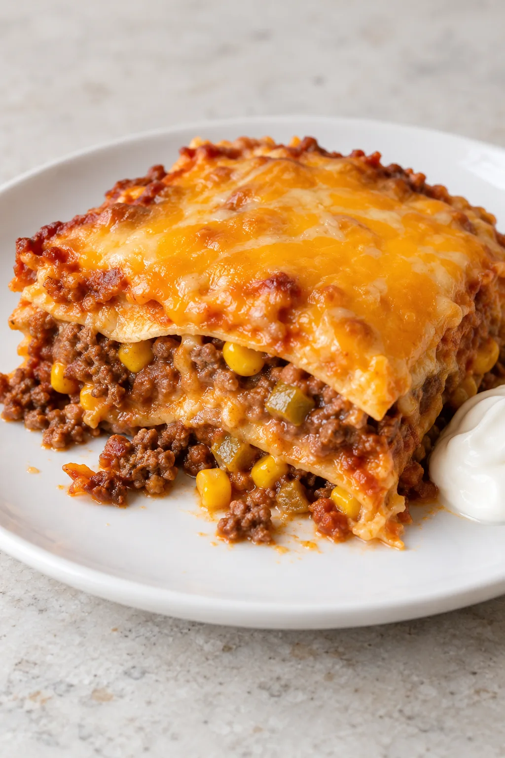 Plated burrito casserole showing two soft tortilla layers with beef, beans, corn, and cheese