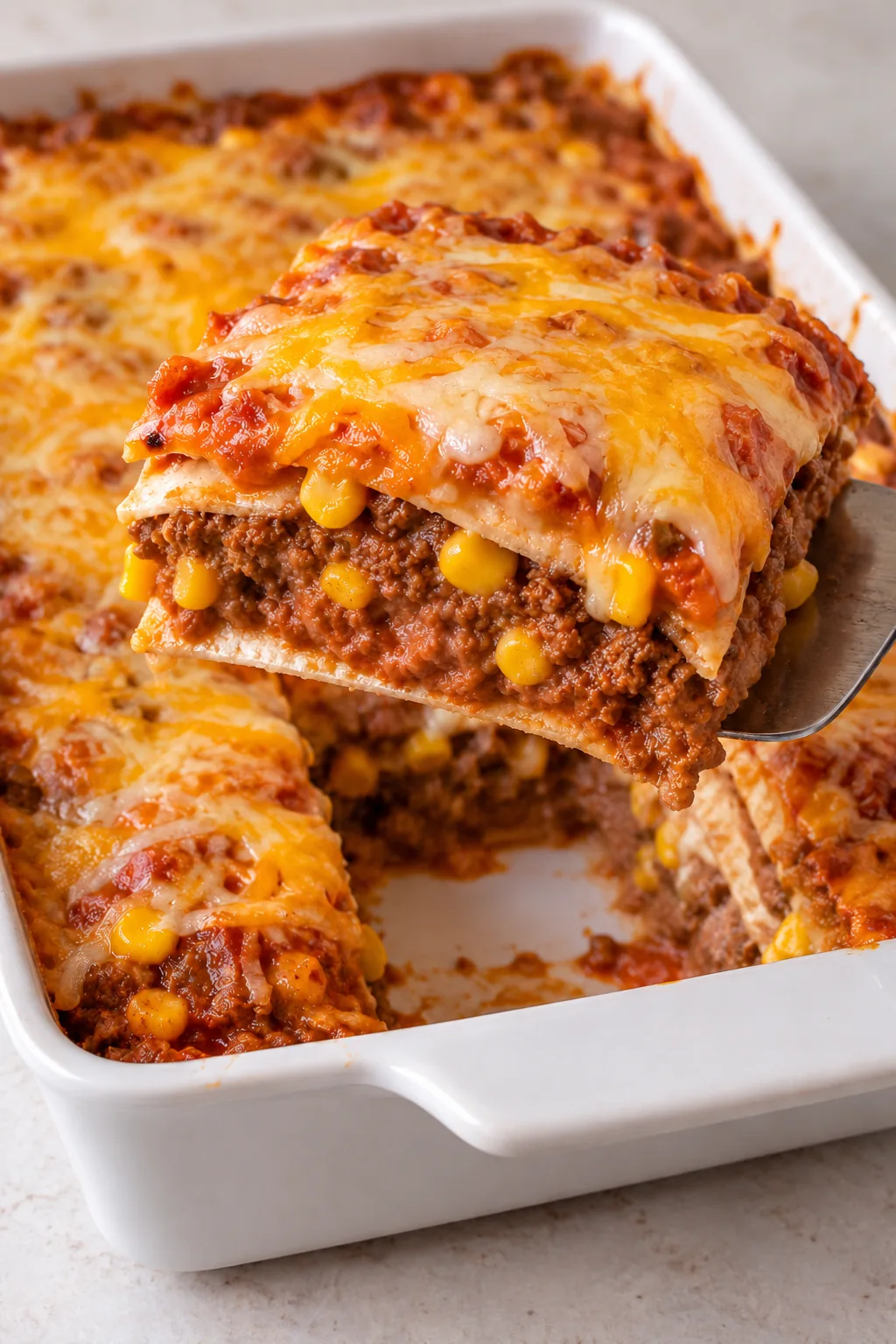 A serving of burrito casserole lifted on a spatula showing tortilla and beef filling layers