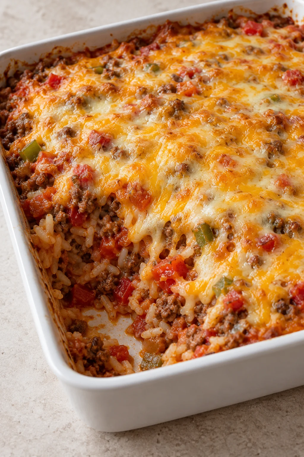 Baked stuffed pepper casserole with a golden melted cheese topping.