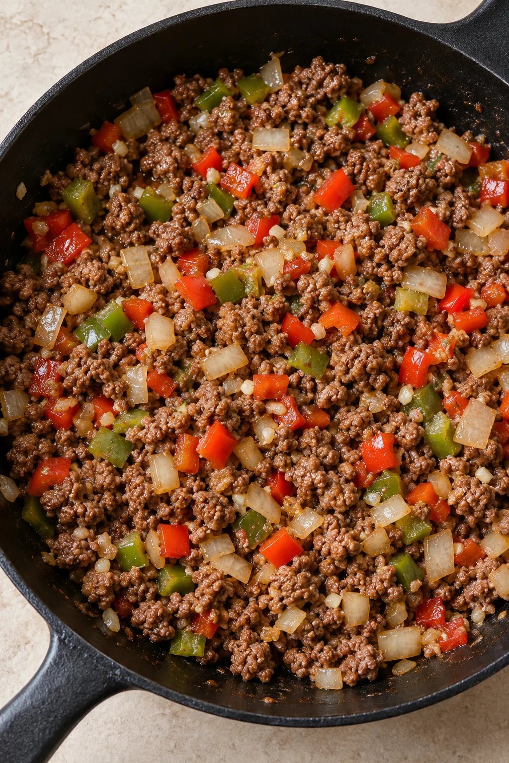 Diced bell peppers and onion softened with browned ground beef.