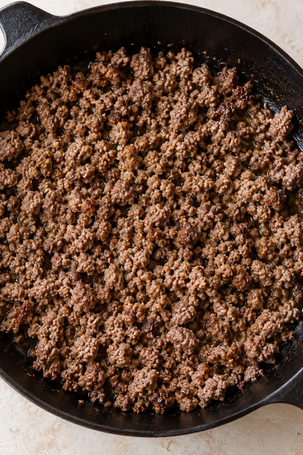 Ground beef browned in a skillet for stuffed pepper casserole.
