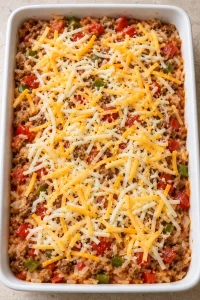 Shredded cheddar and mozzarella scattered over the casserole before baking.