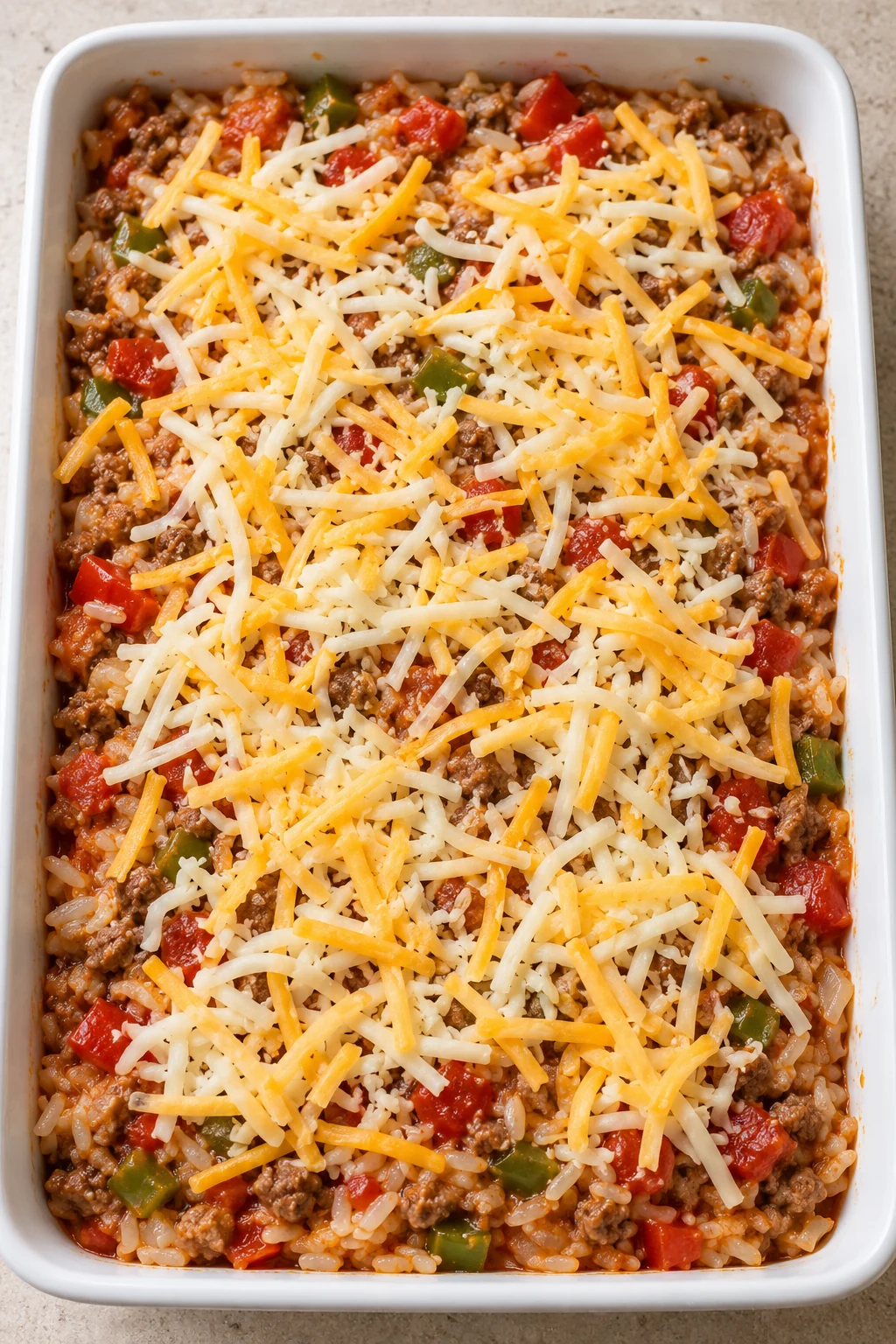 Shredded cheddar and mozzarella scattered over the casserole before baking.