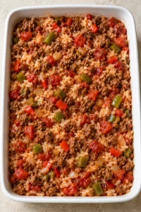 Beef, cooked rice and pepper filling spread in a baking dish.