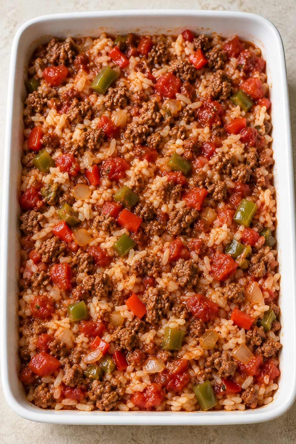 Beef, cooked rice and pepper filling spread in a baking dish.