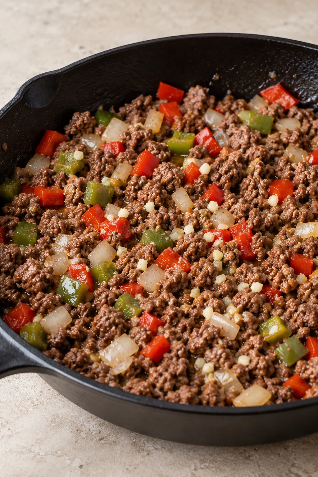 Minced garlic added to the beef, onion and bell pepper mixture.