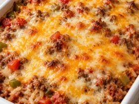 Easy Stuffed Pepper Casserole with melted cheese over beef, rice and bell peppers.