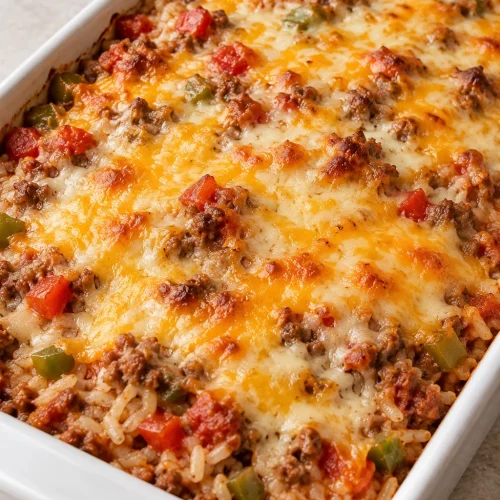 Easy Stuffed Pepper Casserole with melted cheese over beef, rice and bell peppers.