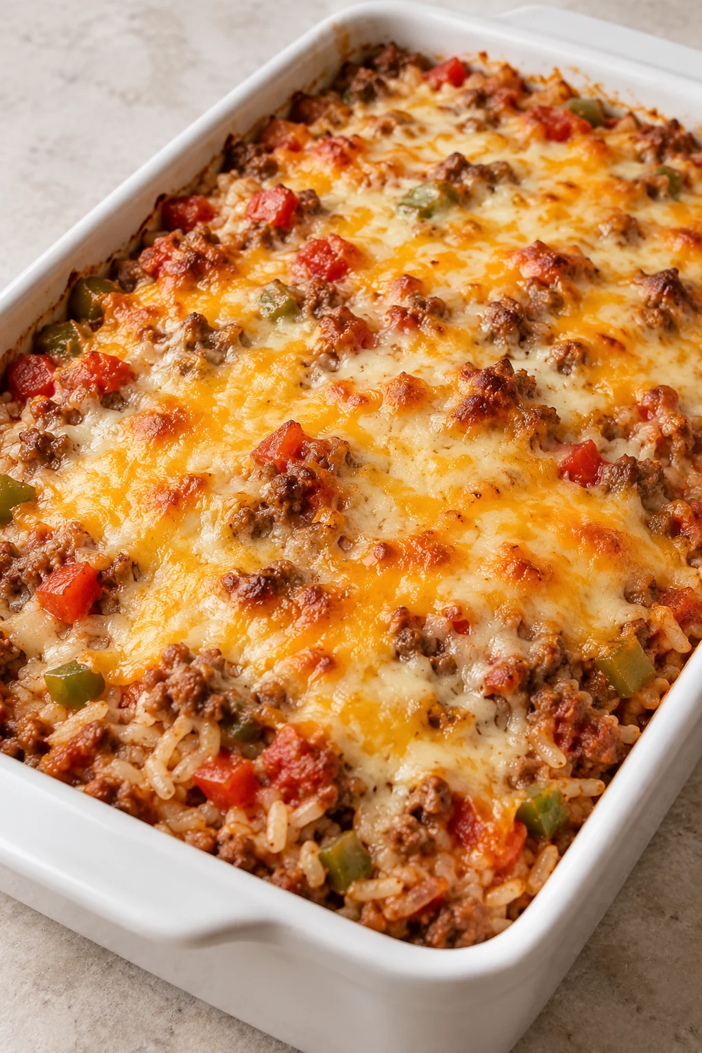 Easy Stuffed Pepper Casserole with melted cheese over beef, rice and bell peppers.