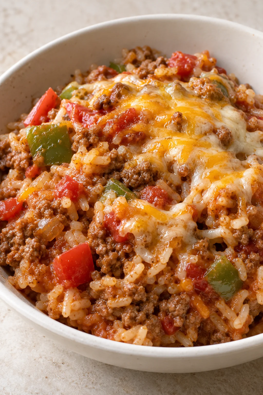 A serving of beef, rice and bell pepper casserole in a shallow bowl.