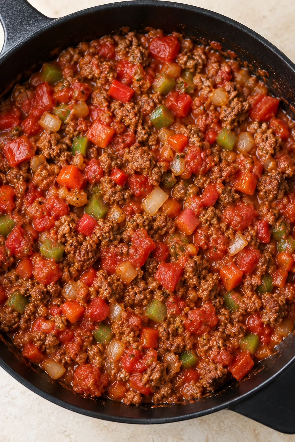 Beef and bell peppers stirred with diced tomatoes and tomato sauce.