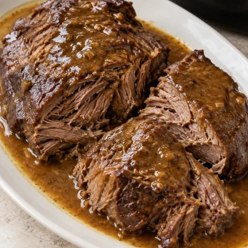 Tender chuck roast in large pieces with brown gravy on an ivory platter