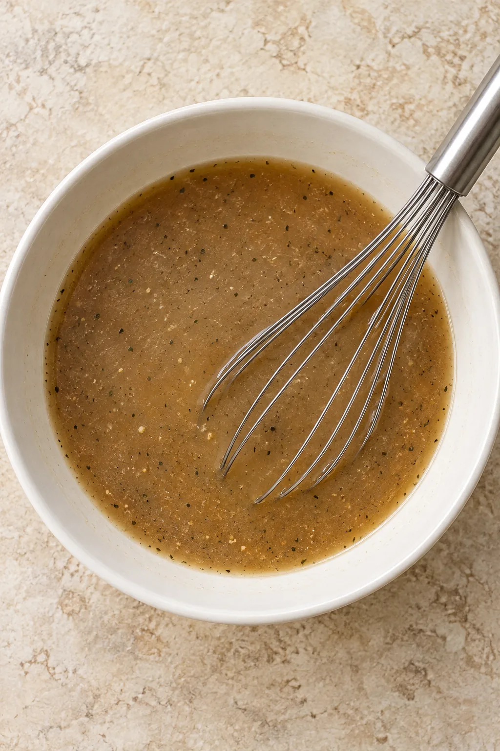 A light brown seasoning and broth mixture in a small bowl