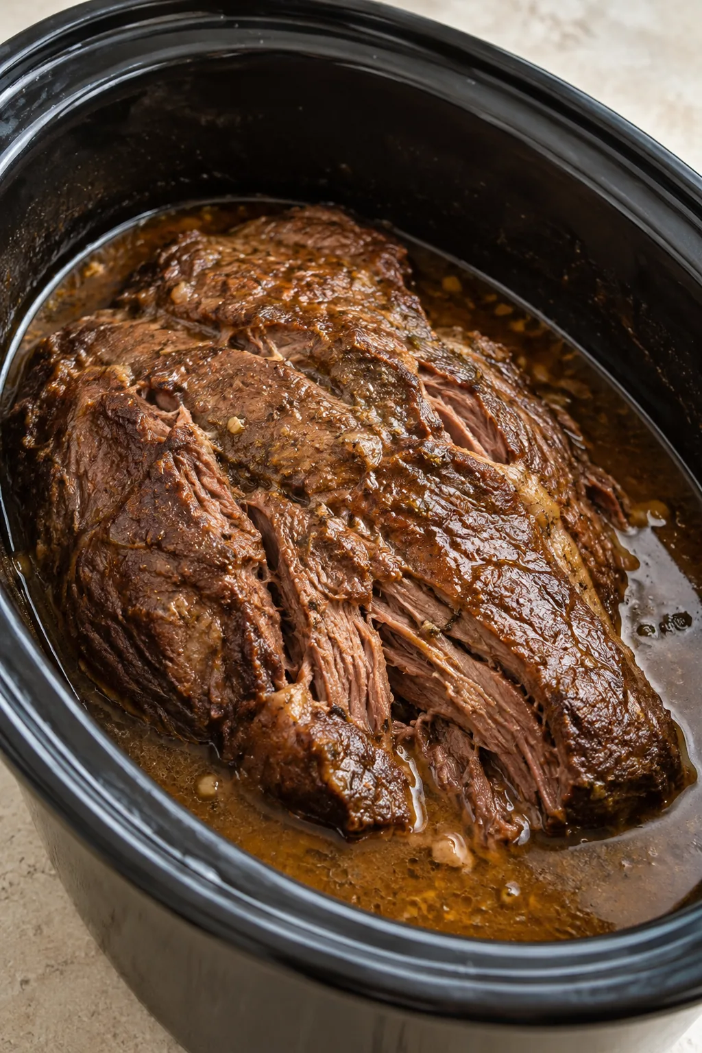 Slow-cooked chuck roast resting in its brown cooking juices inside the crock