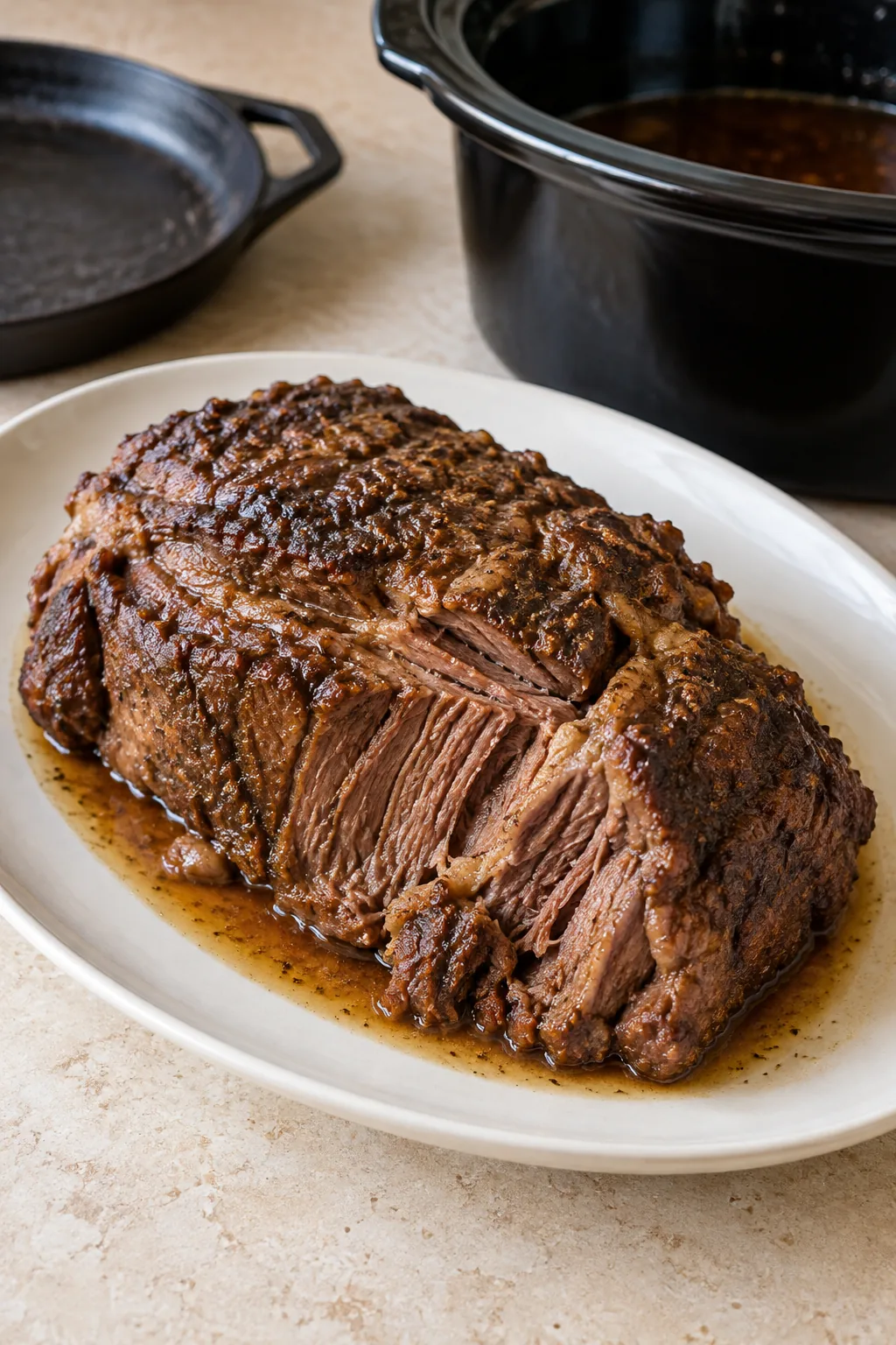 A whole cooked chuck roast on an ivory platter before its short rest