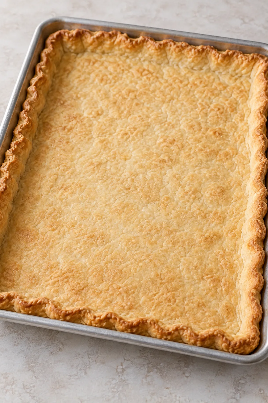 Blind-baked golden pastry crust cooled in a shallow sheet pan before filling.