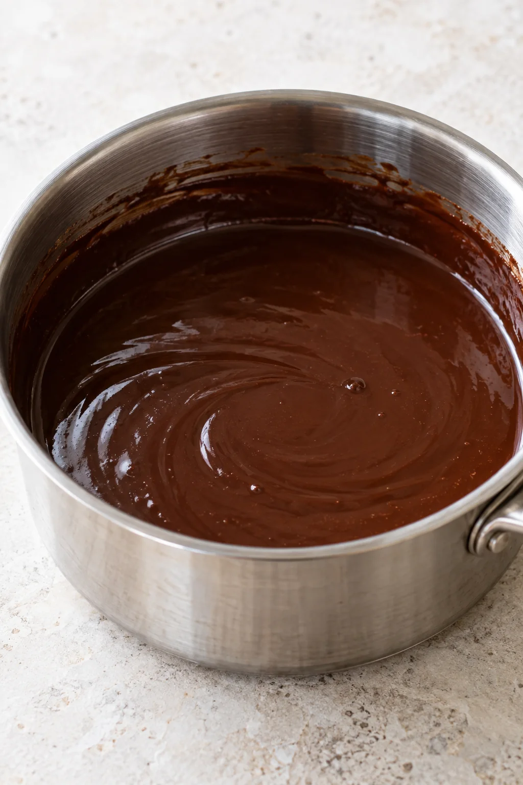 Smooth chocolate mixture cooling after the cooked eggs, sugar, chocolate, and vanilla are combined.