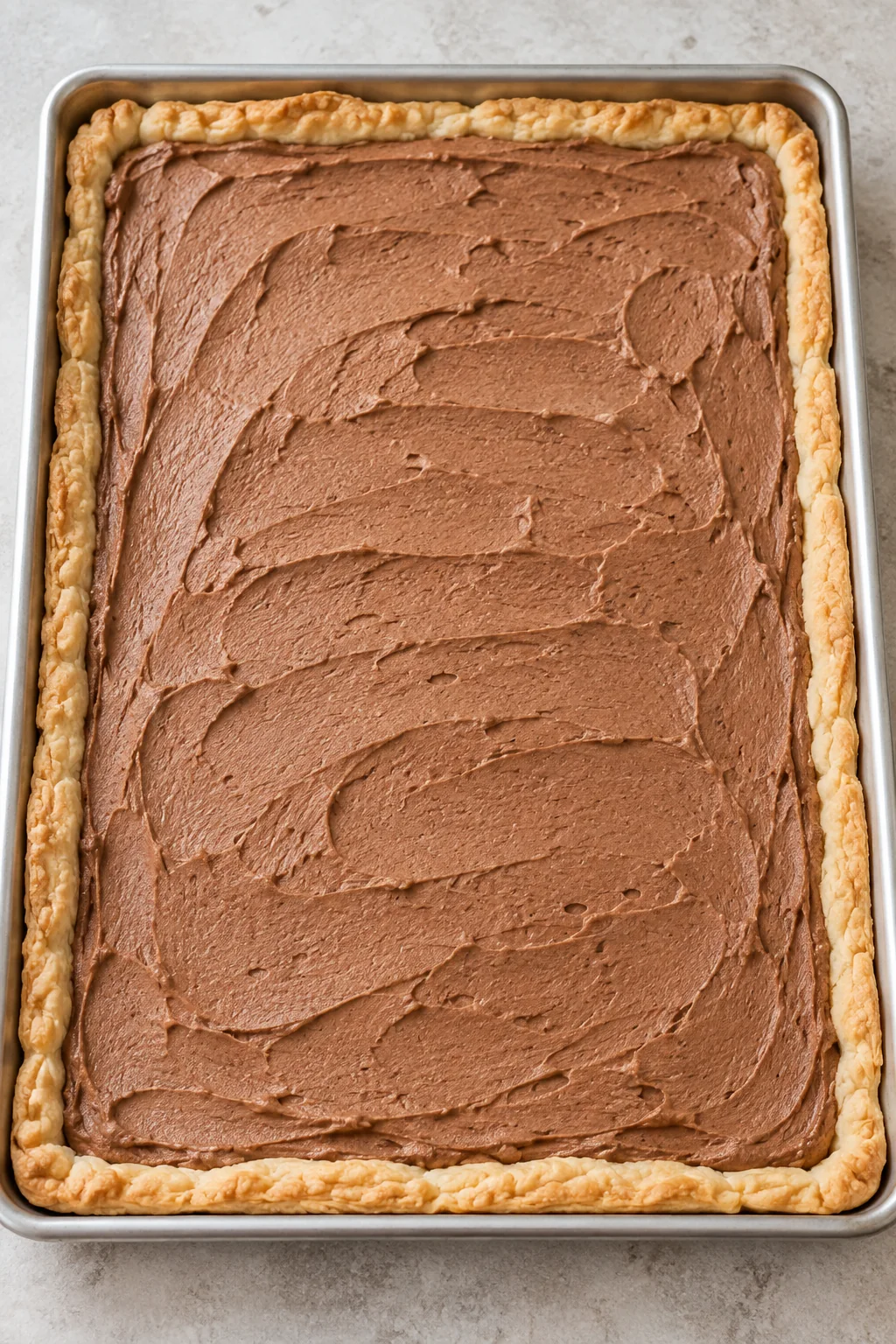 French silk chocolate filling spread evenly in the cooled pastry crust before chilling.