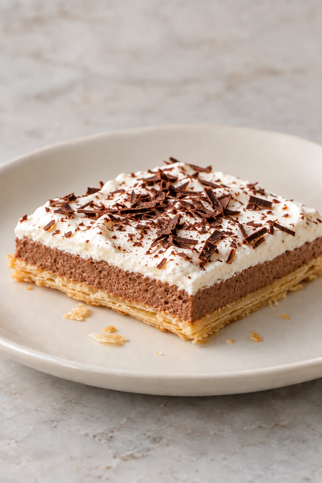 A square of French silk slab pie showing flaky pastry, chocolate filling, and whipped cream layers.