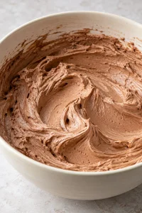 Chocolate mixture beaten into softened butter until lighter and fluffy.