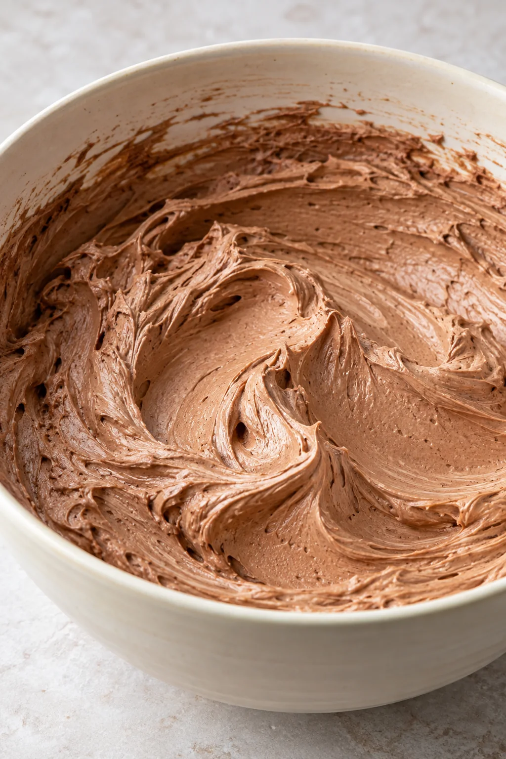 Chocolate mixture beaten into softened butter until lighter and fluffy.