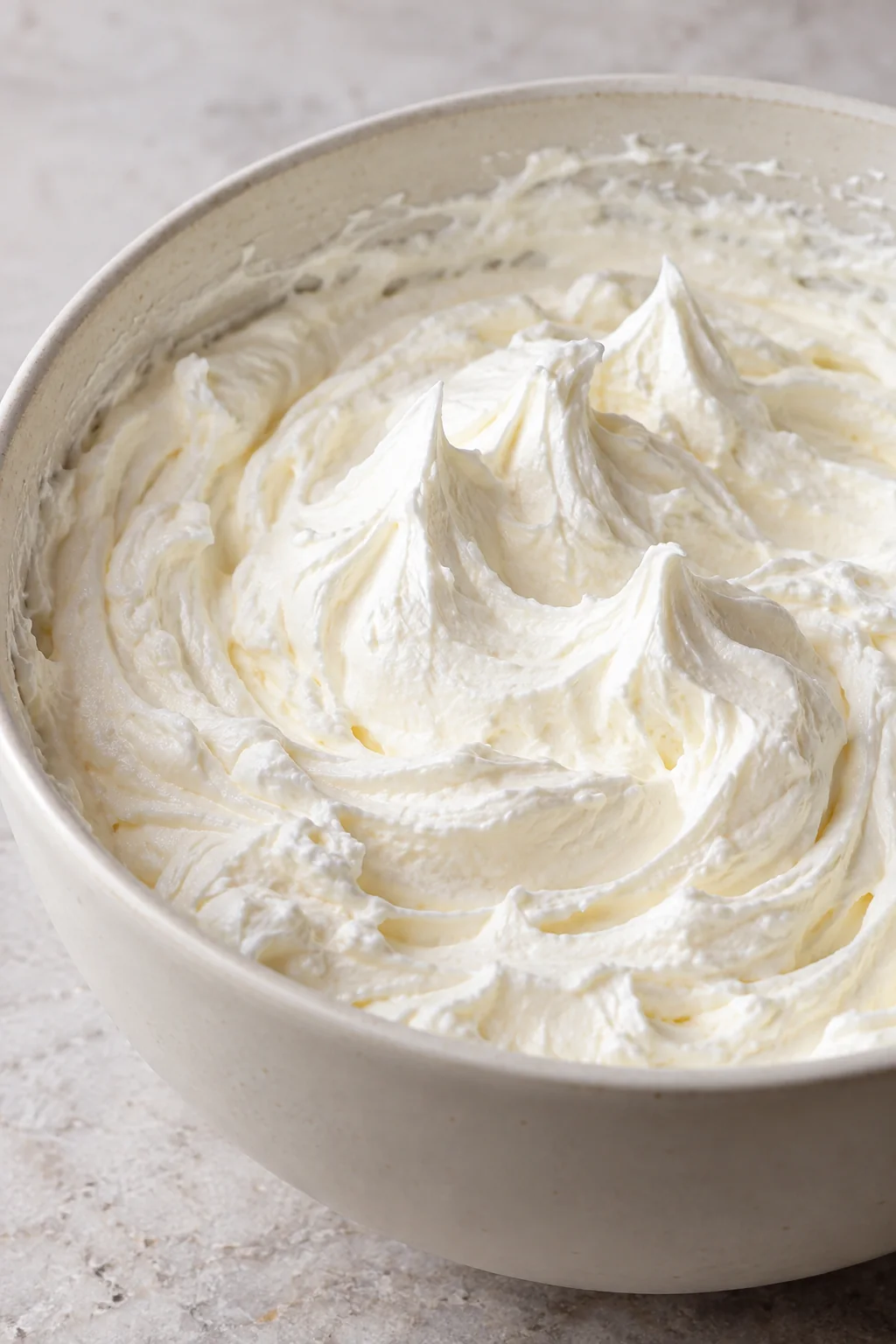 Whipped cream with standing peaks, prepared for folding into the filling and topping the pie.
