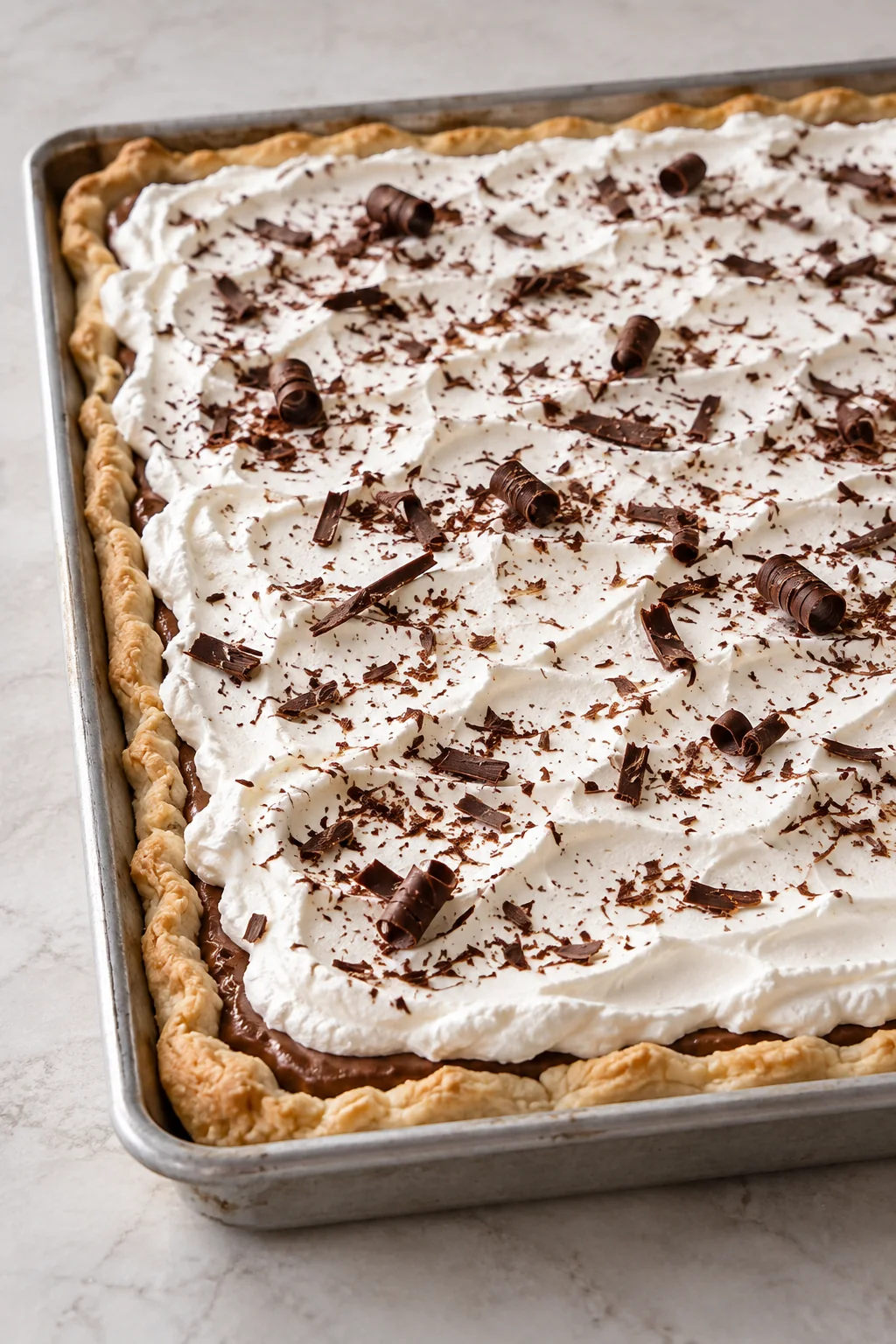 Whole French silk slab pie topped with whipped cream and chocolate shavings in a shallow sheet pan.