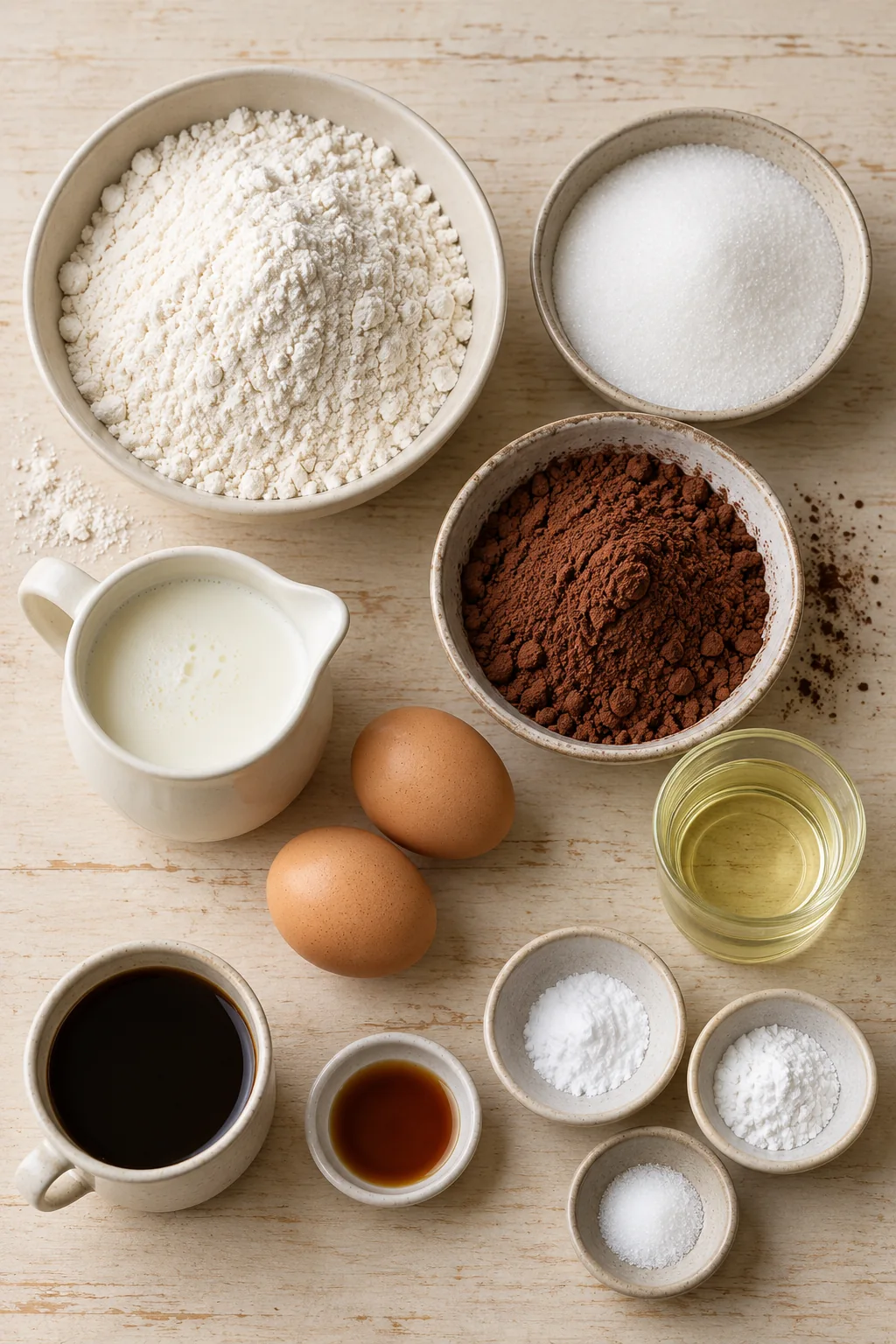 Flour, sugar, cocoa, eggs, buttermilk, oil, vanilla, leavening, salt, and hot coffee for the chocolate cake layers