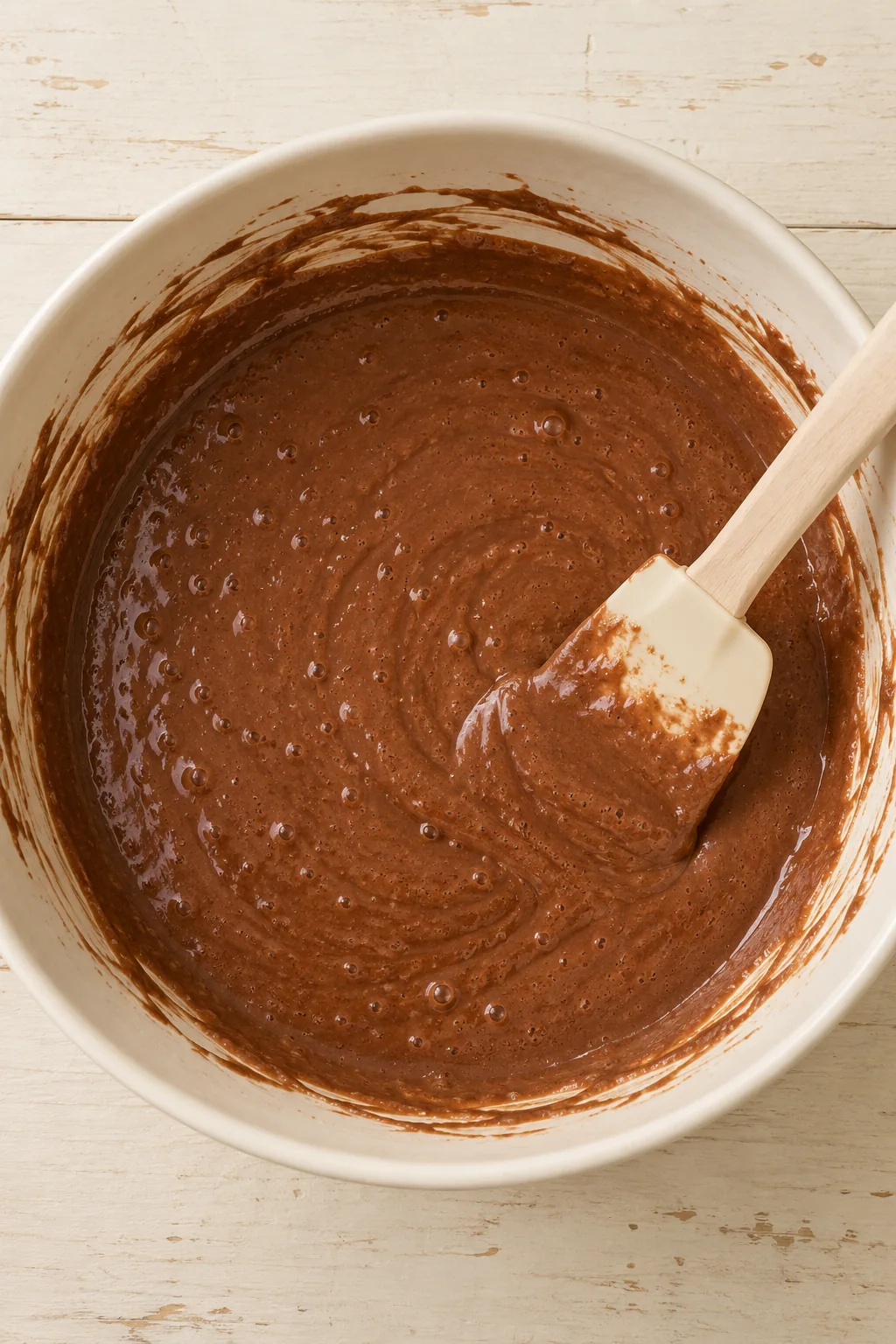Smooth chocolate cake batter after hot coffee or hot water has been mixed in